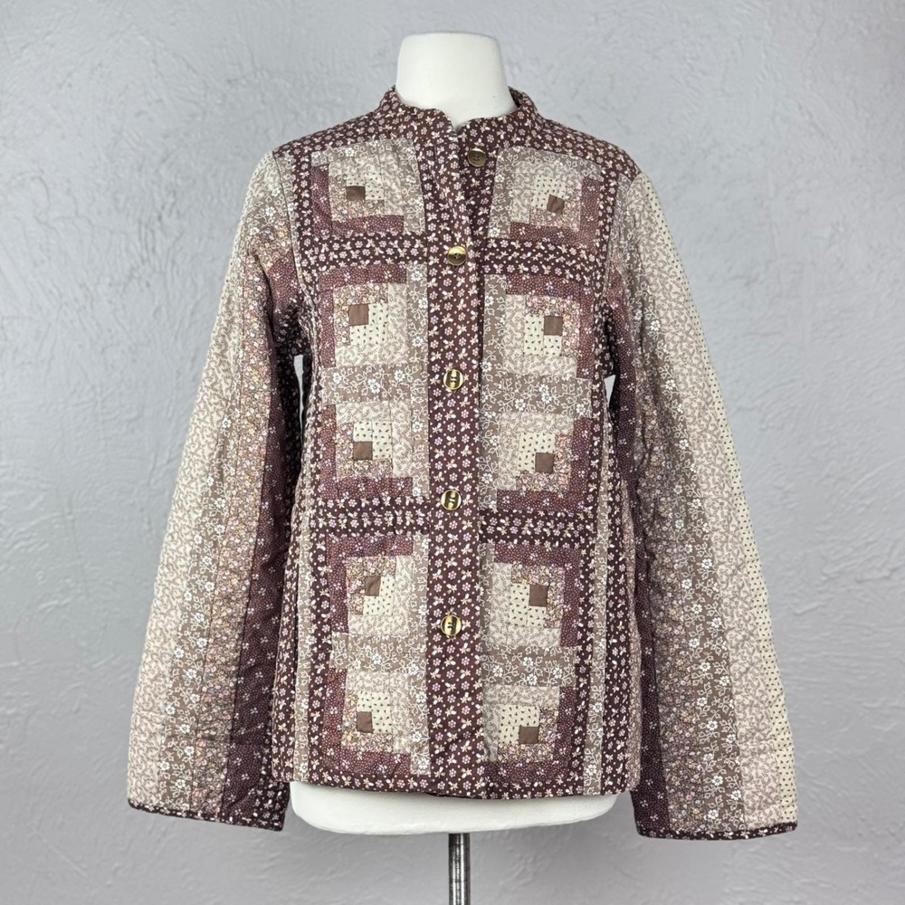 VINTAGE 70s Handmade Log Cabin Quilt Jacket Brown Calico Patchwork Medium